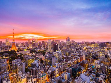 Şehir Japonya'da günbatımı zamanı, güzel mimarisi ve tokyo kule