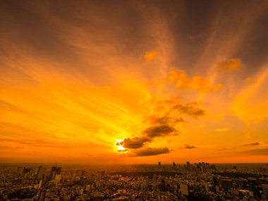Güzel havadan görünümü, mimari ve günbatımı zaman Japonya'nın tokyo şehir etrafında bina