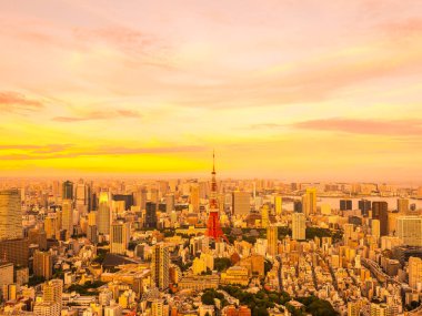 Japonya'da günbatımı zaman şehirde bina mimari ve tokyo kule güzel havadan görünümü