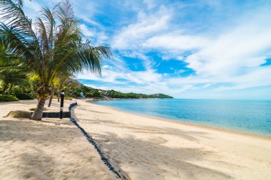 Güzel tropikal plaj deniz ve kum mavi gökyüzü ve beyaz bulut seyahat ve tatil için Hindistan cevizi hurma ağacı ile