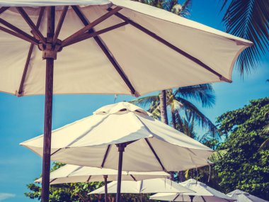 Hindistan cevizi hurma ağacı ile deniz okyanus seyahat ve tatil için mavi gökyüzü arka plan üzerinde Beyaz şemsiye