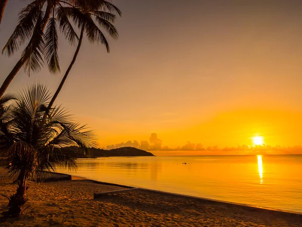 美しいトロピカルビーチ海と旅行や休暇の日の出時刻でココナッツのヤシの木と海 — ストック写真