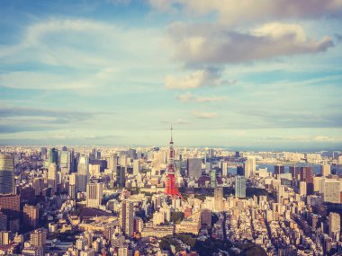 Japonya'da mavi gökyüzü ve beyaz bulut ile güzel mimari ve yapı ile tokyo tokyo şehir etrafında kule