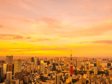 Japonya'da günbatımı zaman şehirde bina mimari ve tokyo kule güzel havadan görünümü
