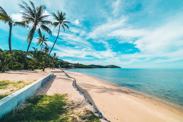 Güzel tropikal plaj deniz ve kum mavi gökyüzü ve beyaz bulut seyahat ve tatil için Hindistan cevizi hurma ağacı ile