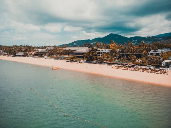 Flygfoto Över Vacker Tropisk Strand Och Havet Med Palmer Och — Stockfoto