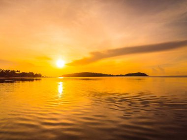 Güzel tropikal plaj deniz ve okyanus ile Hindistan cevizi hurma ağacı gündoğumu zaman seyahat ve tatil için