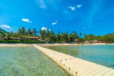 Güzel tropikal plaj deniz ve kum mavi gökyüzü ve beyaz bulut iskelesinden seyahat ve tatil için Hindistan cevizi hurma ağacı ile