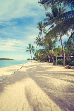 Güzel tropikal plaj deniz ve kum mavi gökyüzü ve beyaz bulut seyahat ve tatil için Hindistan cevizi hurma ağacı ile