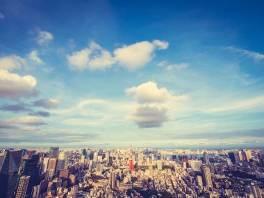 Japonya'da mavi gökyüzü ve beyaz bulut ile güzel mimari ve yapı ile tokyo tokyo şehir etrafında kule