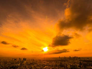 Güzel havadan görünümü, mimari ve günbatımı zaman Japonya'nın tokyo şehir etrafında bina