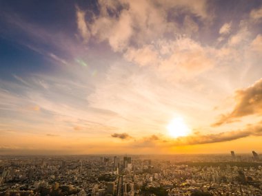 Güzel havadan görünümü, mimari ve günbatımı zaman Japonya'nın tokyo şehir etrafında bina