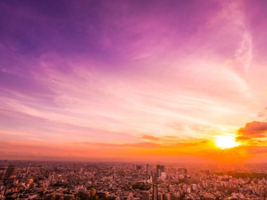 Güzel havadan görünümü, mimari ve günbatımı zaman Japonya'nın tokyo şehir etrafında bina
