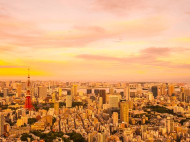 Japonya'da günbatımı zaman şehirde bina mimari ve tokyo kule güzel havadan görünümü