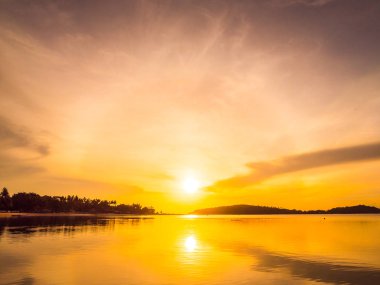 Güzel tropikal plaj deniz ve okyanus ile Hindistan cevizi hurma ağacı gündoğumu zaman seyahat ve tatil için