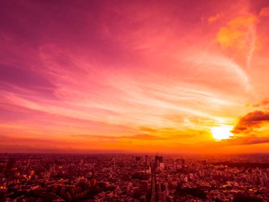 Güzel havadan görünümü, mimari ve günbatımı zaman Japonya'nın tokyo şehir etrafında bina