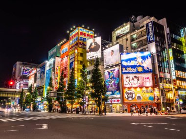 TOKYO, JAPAN - 5 AUG 2018 : A lot of signs in Akihabara area , The place with electronics , video games computer and other for shopping in mall and department store clipart
