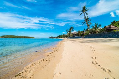 Güzel tropikal plaj deniz ve kum mavi gökyüzü ve beyaz bulut seyahat ve tatil için Hindistan cevizi hurma ağacı ile
