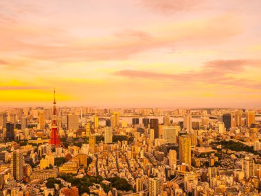 Japonya'da günbatımı zaman şehirde bina mimari ve tokyo kule güzel havadan görünümü