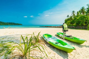 Güzel doğa tropikal plaj ve deniz kayık tekne ve Hindistan cevizi hurma ağacı Cennet Adası için seyahat etmek tatil