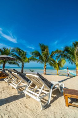 Şemsiye ve sandalye etrafında seyahat ve tatil için Hindistan cevizi hurma ağacı ile güzel açık deniz ve okyanus görmek