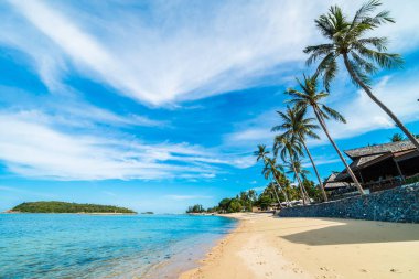 Güzel tropikal plaj deniz ve kum mavi gökyüzü ve beyaz bulut seyahat ve tatil için Hindistan cevizi hurma ağacı ile