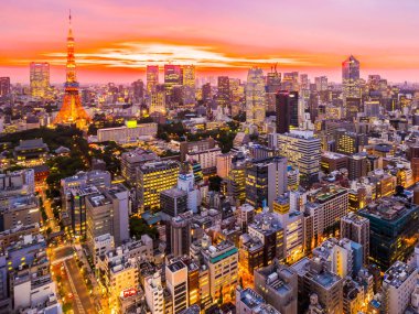 Şehir Japonya'da günbatımı zamanı, güzel mimarisi ve tokyo kule