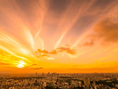 Güzel havadan görünümü, mimari ve günbatımı zaman Japonya'nın tokyo şehir etrafında bina