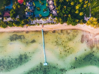 Seyahat ve tatil için adada güzel tropikal plaj ve deniz ağaçları ile havadan görünümü