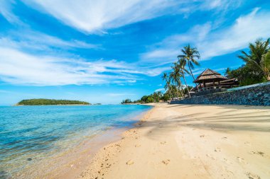 Güzel tropikal plaj deniz ve kum mavi gökyüzü ve beyaz bulut seyahat ve tatil için Hindistan cevizi hurma ağacı ile