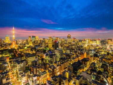 Şehir Japonya'da günbatımı zamanı, güzel mimarisi ve tokyo kule