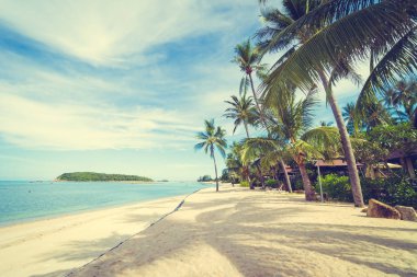 Güzel tropikal plaj deniz ve kum mavi gökyüzü ve beyaz bulut seyahat ve tatil için Hindistan cevizi hurma ağacı ile