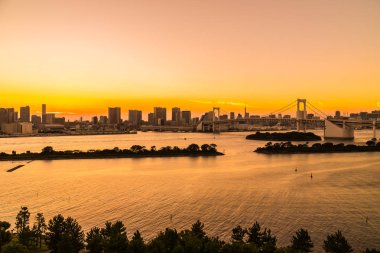 Alacakaranlık günbatımı zaman Japonya'nın tokyo şehir Gökkuşağı Köprüsü ile Cityscape bina güzel mimari