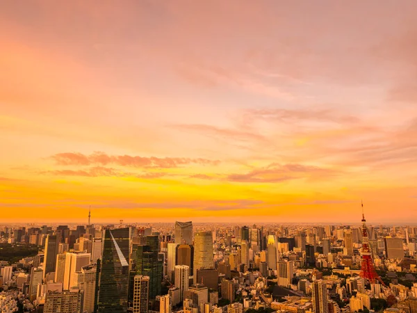 日本の日没時市周辺建物建築と東京タワーの美しい空撮 — ストック写真