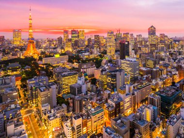 Şehir Japonya'da günbatımı zamanı, güzel mimarisi ve tokyo kule