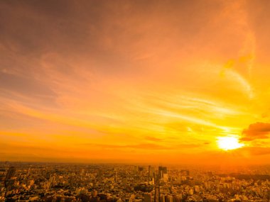 Güzel havadan görünümü, mimari ve günbatımı zaman Japonya'nın tokyo şehir etrafında bina