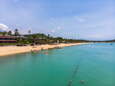 Seyahat ve tatil için adada güzel tropikal plaj ve deniz ağaçları ile havadan görünümü