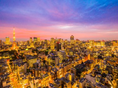 Şehir Japonya'da günbatımı zamanı, güzel mimarisi ve tokyo kule