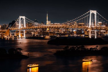 Alacakaranlık günbatımı zaman Japonya'nın tokyo şehir Gökkuşağı Köprüsü ile Cityscape bina güzel mimari