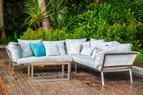 Comfortable Pillow Sofa Decoration Outdoor Patio Tropical Nature View — Stock Photo, Image