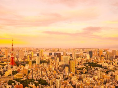 Japonya'da günbatımı zaman şehirde bina mimari ve tokyo kule güzel havadan görünümü