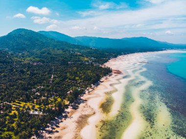 Seyahat ve tatil için adada güzel tropikal plaj ve deniz ağaçları ile havadan görünümü