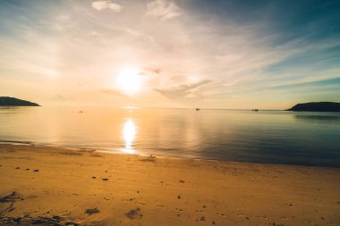Günbatımı zaman tropik cennet ada plaj ve deniz ile Hindistan cevizi palmiye ağacı üzerinde tatil ve tatil için