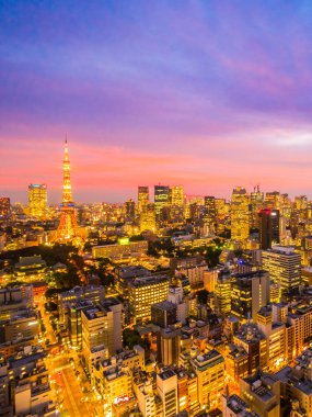 Şehir Japonya'da günbatımı zamanı, güzel mimarisi ve tokyo kule