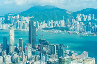 Hong kong şehir manzarası ile mavi gökyüzü arka plan dış cityscape bina güzel mimari