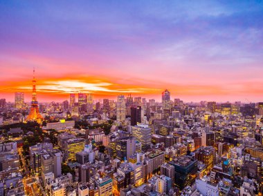 Şehir Japonya'da günbatımı zamanı, güzel mimarisi ve tokyo kule