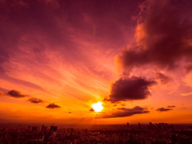 Güzel havadan görünümü, mimari ve günbatımı zaman Japonya'nın tokyo şehir etrafında bina