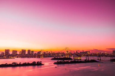 Alacakaranlık günbatımı zaman Japonya'nın tokyo şehir Gökkuşağı Köprüsü ile Cityscape bina güzel mimari