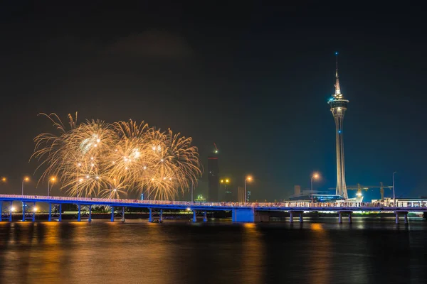 Hermoso Fuegos Artificiales Con Torre Macao Ciudad Por Noche —  Fotos de Stock