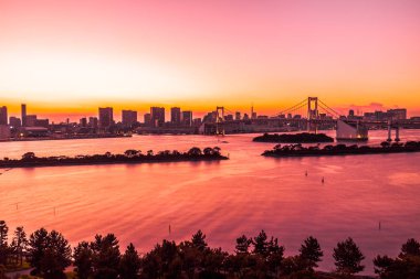 Alacakaranlık günbatımı zaman Japonya'nın tokyo şehir Gökkuşağı Köprüsü ile Cityscape bina güzel mimari